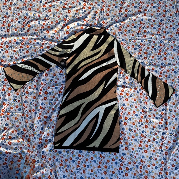 Metallic Studded Zebra Bell Sleeve Sweater Dress - Picture 2 of 8